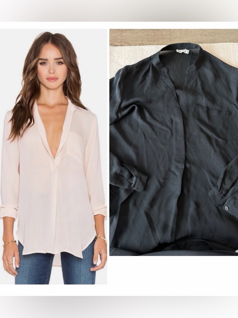 Vince Long Sleeve Silk Popover Black